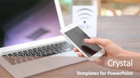  Presentation with cell - Theme having phone near laptop in hotel background and a coral colored foreground