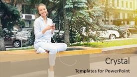  Presentation with mobile charging - Audience pleasing slide set consisting of phone on bench with solar backdrop and a  colored foreground