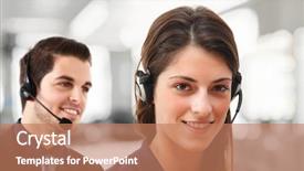  Presentation with customers - Beautiful PPT layouts featuring phone operators talking with customers backdrop and a coral colored foreground