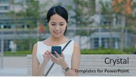  Presentation with mobile phone in woman hand - Slides enhanced with phone out of train station background and a light gray colored foreground