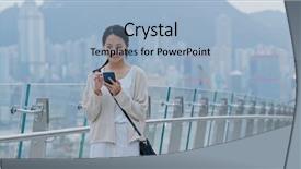  Presentation with mobile phone in woman hand - Theme with phone out of train station background and a light blue colored foreground