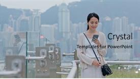  Presentation with mobile phone in woman hand - Cool new theme with phone out of train station backdrop and a light blue colored foreground