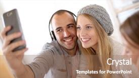  Presentation with smartphone - PPT layouts with phone people - friends taking picture of themselves background and a coral colored foreground