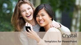  Presentation with text message - Slide set having phone people - teenage girls reading text message background and a  colored foreground