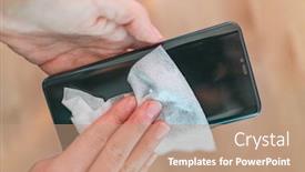  Presentation with wipe - Presentation design featuring phone-screen-disinfecting-wipe-woman background and a coral colored foreground