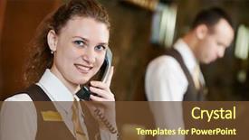  Presentation with receptionist - PPT layouts with phone standing at hotel background and a tawny brown colored foreground