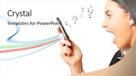  Presentation with music note - Cool new PPT theme with phone there are musical note backdrop and a white colored foreground