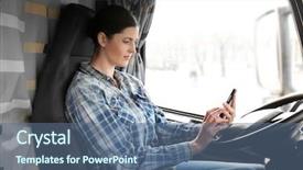  Presentation with truck driver - PPT theme having phone transport - young female driver sitting background and a ocean colored foreground