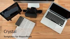  Presentation with newspaper laptop - Presentation featuring phone virtual headset and newspaper background and a coral colored foreground