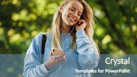  Presentation with happy young student girl holding - PPT theme enhanced with phone walking at the park background and a teal colored foreground