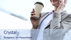  Presentation with cell phone towers - PPT layouts featuring phone while holding disposable cup background and a sky blue colored foreground