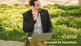  Presentation with business concepts photo - Slides with phone while sitting in green background and a tawny brown colored foreground