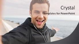  Presentation with taking the blood pressure in black women - PPT theme having phone while walking at seaside background and a soft green colored foreground