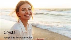  Presentation with college education happy smiling - Colorful PPT theme enhanced with phone while walking by seaside backdrop and a mint green colored foreground