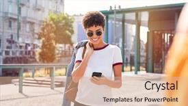  Presentation with mobile network - Slide deck having phone while walking on street background and a coral colored foreground
