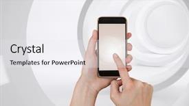  Presentation with hand touching finger digital - PPT layouts having phone with circle loop tunnel background and a sky blue colored foreground