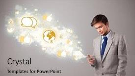  Presentation with man holding phone - Cool new slides with phone with social media backdrop and a light gray colored foreground