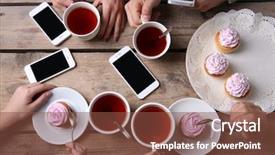  Presentation with cartoon kids holding hands - Cool new slide deck with phones holding cups with tea backdrop and a tawny brown colored foreground