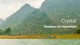  Presentation with tourists - PPT theme with phong-nha-ke-bang-national background and a ocean colored foreground