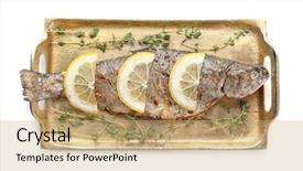  Presentation with golden - Colorful slide set enhanced with phosphorus - golden tray with tasty fried backdrop and a  colored foreground