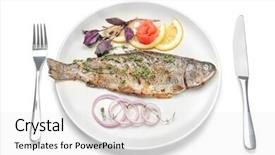  Presentation with white plate - Colorful PPT theme enhanced with phosphorus - plate with tasty fried fish backdrop and a white colored foreground