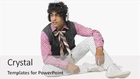  Presentation with assistive listening device - Beautiful presentation design featuring phot - businessman listening to headphones backdrop and a  colored foreground