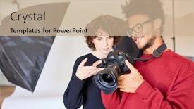  Presentation with professional - PPT theme enhanced with photo-assistant-with-professional-photographer background and a coral colored foreground