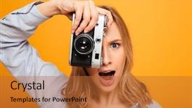  Presentation with portrait of excited overjoyed female - Theme having photo camera isolated over yellow background and a red colored foreground
