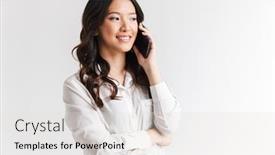  Presentation with long hair - Presentation design consisting of photo closeup of beautiful chinese woman with long dark hair holding smartphone and having mobile call isolated over white background in studio background and a light gray colored foreground