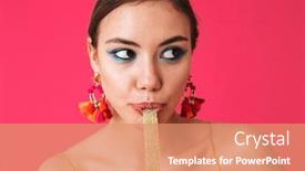  Presentation with glamour - Slide set enhanced with photo closeup of european glamour woman 20s wearing fashion earrings looking aside with sweet marmalade in mouth isolated over pink background background and a coral colored foreground