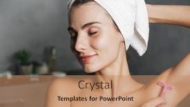  Presentation with razor - PPT layouts with photo closeup of young woman with towel on head shaving her armpit with razor at bathroom background and a coral colored foreground