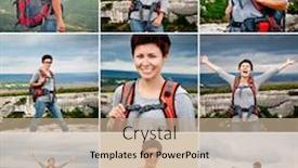  Presentation with photo collage - PPT layouts enhanced with photo collage girl tourist in mountain landscape background and a coral colored foreground