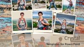  Presentation with photo collage - Beautiful PPT theme featuring photo collage girl tourist in mountain landscape backdrop and a coral colored foreground
