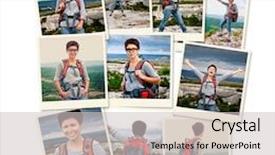  Presentation with photo collage - Colorful PPT theme enhanced with photo collage girl tourist in mountain landscape backdrop and a light gray colored foreground