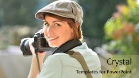  Presentation with cheerful - Presentation featuring photo contest - portrait of cheerful young photographer background and a mint green colored foreground