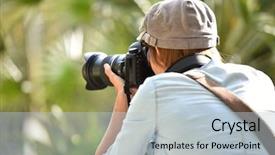  Presentation with cheerful - Slide set consisting of photo contest - portrait of cheerful young photographer background and a light blue colored foreground