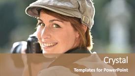  Presentation with cheerful - Colorful presentation theme enhanced with photo contest - portrait of cheerful young photographer backdrop and a coral colored foreground