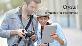  Presentation with shots - Cool new PPT theme with photo contest - team of photographers checking shots backdrop and a light gray colored foreground