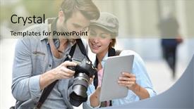  Presentation with shots - Cool new slide deck with photo contest - team of photographers checking shots backdrop and a mint green colored foreground