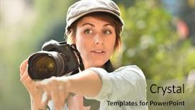  Presentation with kids doing science - Presentation design with photo contest - young woman photographer doing background and a mint green colored foreground