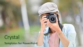 Presentation with shooting - Cool new PPT layouts with photo contest - young woman photographer backdrop and a mint green colored foreground
