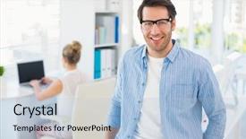  Presentation with photo - PPT theme with photo editor wearing reading glasses background and a light blue colored foreground