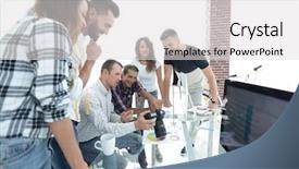  Presentation with new ideas - Beautiful slide set featuring photo editors discussing new ideas backdrop and a light gray colored foreground