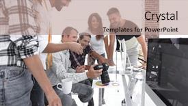  Presentation with new ideas - Slide set consisting of photo editors discussing new ideas background and a coral colored foreground