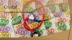  Presentation with health insurance - Amazing PPT layouts having drug precautions - stethoscope and euro banknotes symbol backdrop and a coral colored foreground