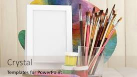  Presentation with artist - Cool new PPT theme with photo frame as easel with artist's tools on wooden background backdrop and a mint green colored foreground