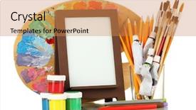  Presentation with artistic artist art brush - Audience pleasing presentation design consisting of photo frame as easel with artist's tools isolated on white backdrop and a coral colored foreground