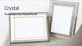  Presentation with metal frames frame and steel - Slides enhanced with photo frames on coffee table background and a sky blue colored foreground