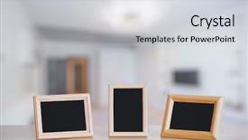  Presentation with metal frames frame and steel - Amazing PPT theme having photo frames on the wooden backdrop and a light gray colored foreground