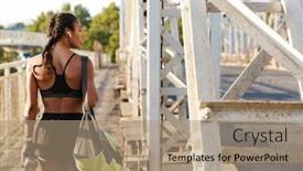  Presentation with old photo - Slide set having photo from back of african american woman in sportswear using earpods and holding water bottle while walking with bag on old bridge background and a coral colored foreground